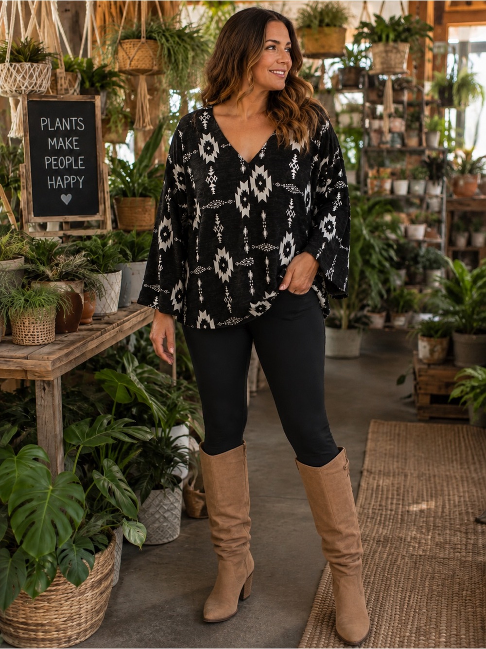 NWT BiBi West End Boutique Black Aztec Boho Top XL Stretchy